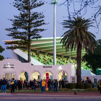 A photo of the front entrance of HBF Park