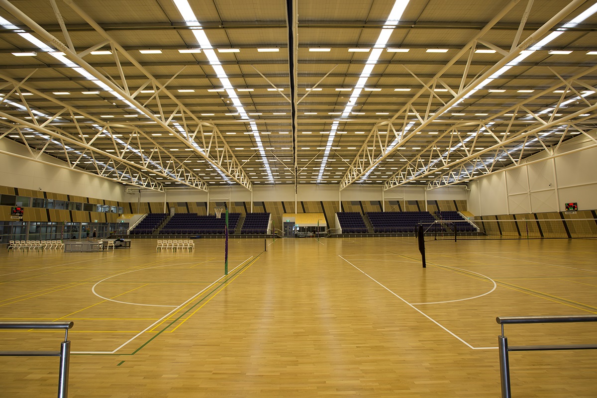 A photo of four indoor netball courts at the Gold Netball Centre in Jolimont, Perth