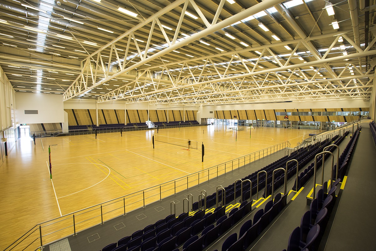 A photo showing the 1000 seat grandstand overlooking the netball courts at the Gold Netball Centre in Jolimont, Perth