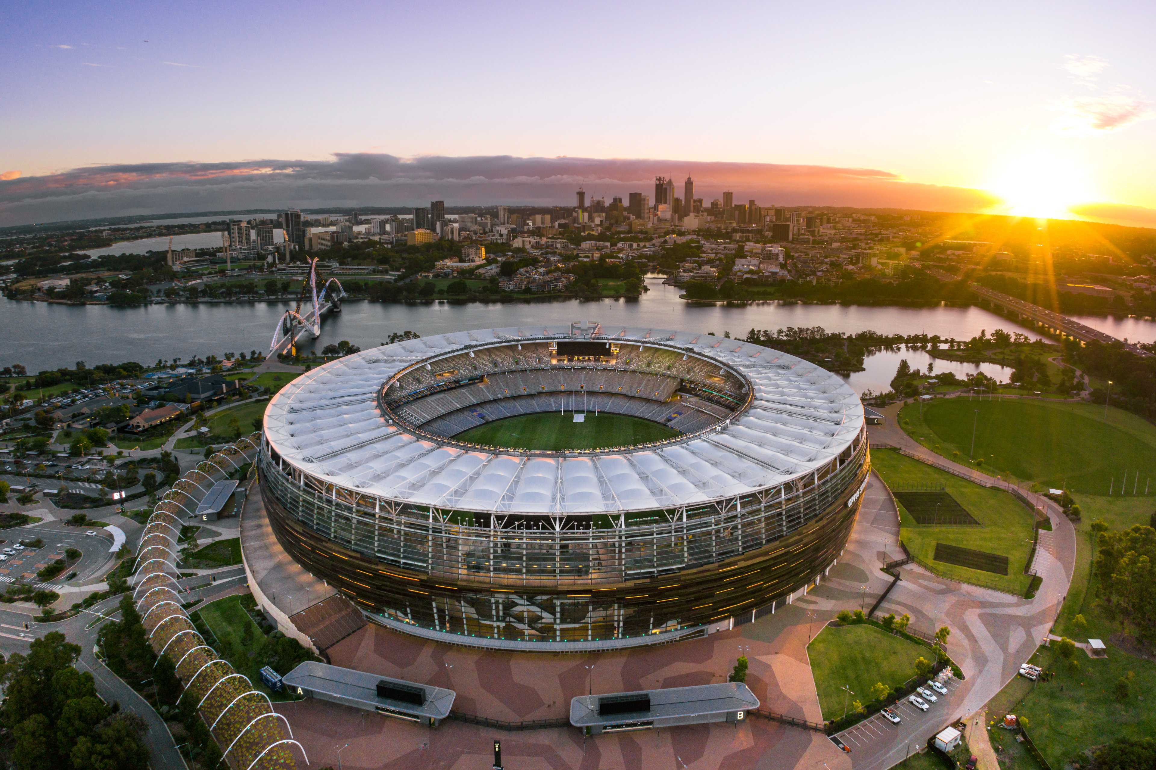 Aerial shot of the Optus Stadium complex and surrounding areas