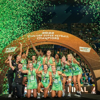 A photo taken of the Super Netball team the West Coast Fever celebrating the championship at RAC Arena in Perth